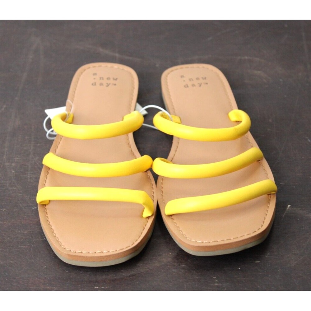 A New Day Women Yellow Triple Strap Slide Sandals Slip On Square Toe Shoes Sz‎ 6